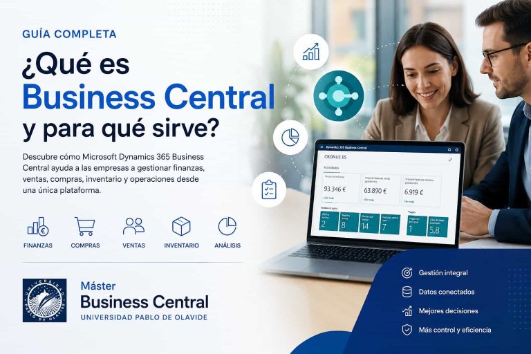 Qué es Business Central: consultores analizando Microsoft Dynamics 365 y Power BI en empresa